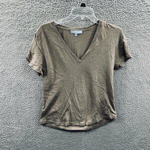 Womens Minimalist V Neck Top Medium Olive Green Everyday Casual Elevated Basic